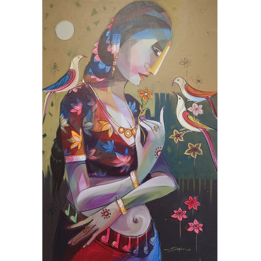 Indian Woman with Three Birds by Simpee Pratap